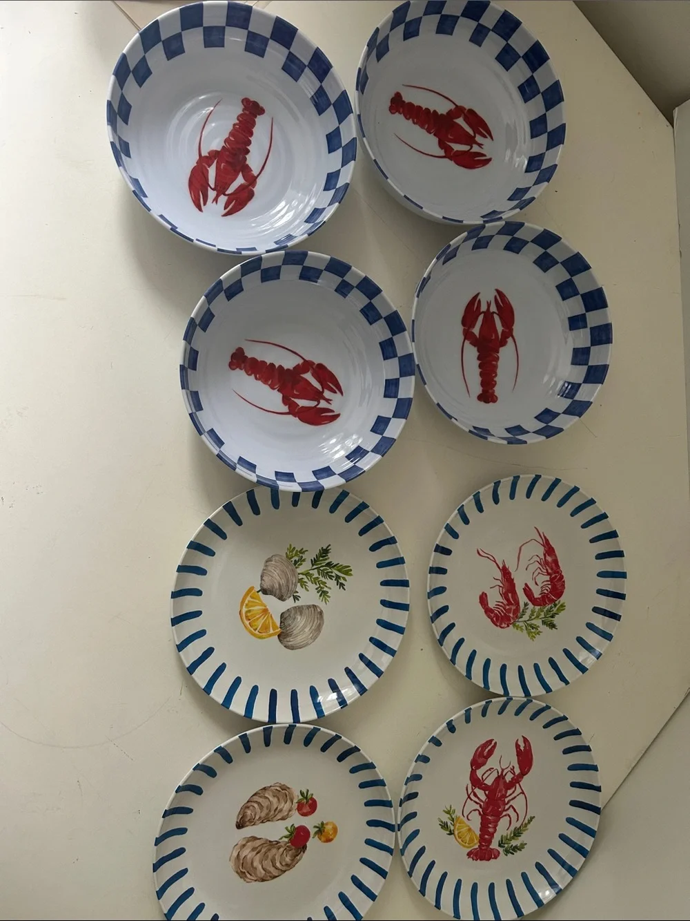 4 NEW Blue & White Lobster Pasta Bowls Melamine  - Red Lobster Motif